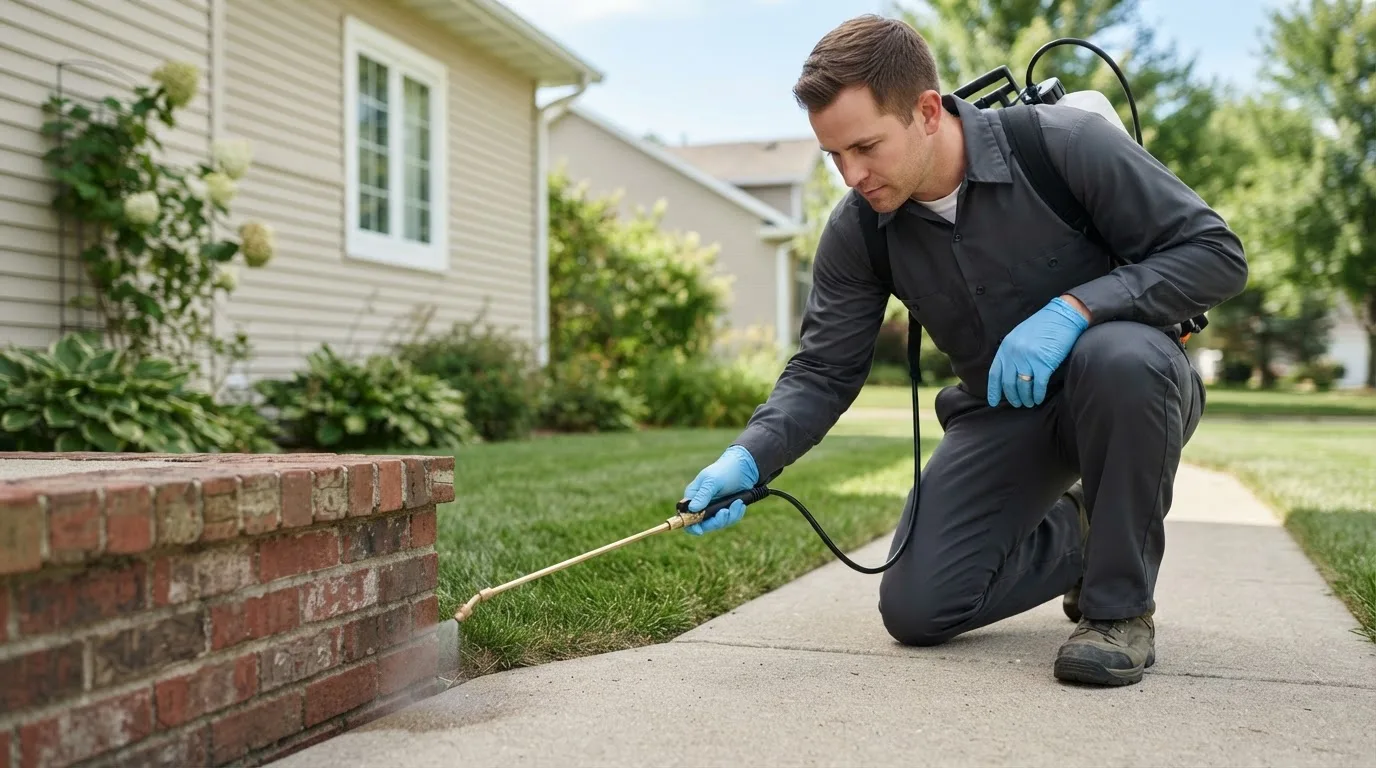 Pest control technician treating a home near Burnt Ranch, CA